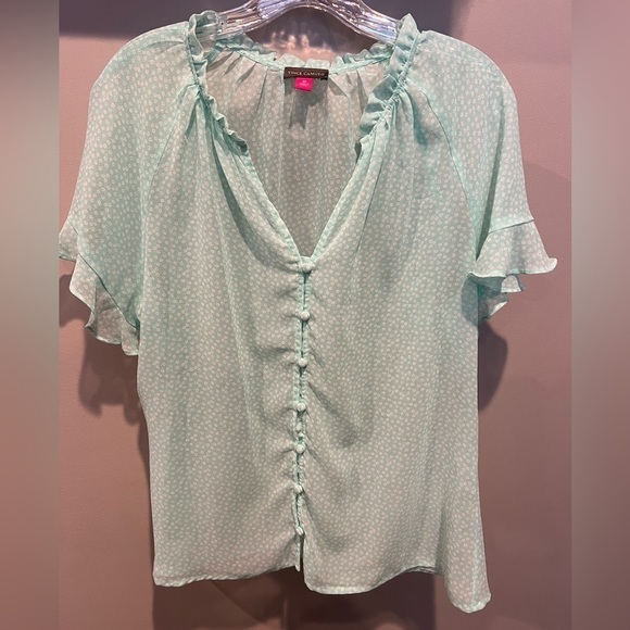 Women’s Vince Camuto Aqua and White Short Sleeve Sheer Button Front Size Medium - Picture 1 of 11